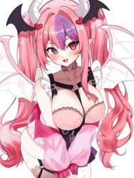 Rule 34 | 1girl, absurdres, black skirt, blush, breasts, choker, cleavage, demon girl, demon horns, demon wings, fang, hair ornament, head wings, heart, heart hair ornament, heart o-ring, heterochromia, highres, horns, ironmouse, ironmouse (13th costume), jacket, large breasts, long hair, looking at viewer, multiple wings, o-ring, o-ring choker, open mouth, pink hair, pink jacket, pink shirt, pointy ears, purple eyes, purple hair, red eyes, shirt, skin fang, skirt, sky above me, smile, solo, twintails, virtual youtuber, vshojo, wings