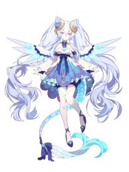 Rule 34 | 1girl, absurdres, bare shoulders, bloomers, detached sleeves, dragoon (quantum protocol), dress, facial mark, hen-tie, high heels, highres, horns, long hair, looking at viewer, non-web source, purple eyes, quantum protocol, tail, thighhighs, transparent background, twintails, underwear, white hair, wings