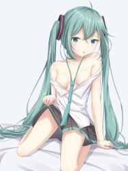 Rule 34 | 00s, 1girl, ahoge, akira (been0328), aqua eyes, aqua hair, aqua necktie, areola slip, bad id, bad pixiv id, bed sheet, between breasts, black skirt, breasts, cleavage, collarbone, hair ornament, hatsune miku, kneeling, long hair, matching hair/eyes, medium breasts, miniskirt, necktie, necktie between breasts, no bra, open mouth, pleated skirt, shirt, simple background, skirt, solo, twintails, very long hair, vocaloid, white background, white shirt