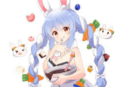 Rule 34 | &gt; &lt;, 1girl, ame., animal ear fluff, animal ears, bare arms, bare shoulders, black leotard, blue hair, blush, bow, bowl, braid, breasts, carrot hair ornament, chocolate, chocolate on hand, cleavage, closed mouth, commentary, don-chan (usada pekora), dress, food-themed hair ornament, food on hand, fur-trimmed dress, fur trim, hair between eyes, hair bow, hair ornament, hand up, heart, highres, holding, holding bowl, hololive, leotard, licking lips, long hair, looking at viewer, medium breasts, mixing bowl, multicolored hair, no detached sleeves, pekomon (usada pekora), rabbit ears, simple background, smile, strapless, strapless dress, strapless leotard, symbol-only commentary, tongue, tongue out, twin braids, twintails, two-tone hair, upper body, usada pekora, usada pekora (1st costume), very long hair, virtual youtuber, white background, white bow, white dress, white hair