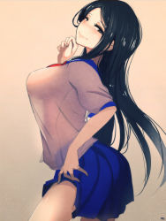 Rule 34 | 1girl, at2., black eyes, black hair, blue skirt, blush, breasts, clothes lift, from side, large breasts, long hair, looking at viewer, original, pleated skirt, school uniform, see-through, serafuku, skirt, skirt lift, smile, solo, standing