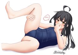 Rule 34 | 1girl, black hair, blue one-piece swimsuit, blush, covered navel, flat chest, ishida arata, kantai collection, long hair, looking at viewer, lying, mikazuki (kancolle), old school swimsuit, one-piece swimsuit, school swimsuit, solo, swimsuit, twitter username, white background