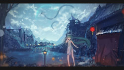 Rule 34 | 1girl, china dress, chinese clothes, day, dragon, dress, eastern dragon, floating hair, full body, green eyes, green hair, grey dress, hand in own hair, hatsune miku, high heels, highres, lens flare, letterboxed, long hair, looking at viewer, memekun, moon, outdoors, print dress, pumps, scenery, short dress, side slit, sleeveless, sleeveless dress, snowing, solo, standing, twintails, very long hair, vocaloid, wide shot