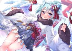 Rule 34 | 1girl, blue hair, blush, dragon girl, dragon horns, dragon wings, hair ornament, horns, japanese clothes, kimono, looking at viewer, open mouth, princess connect!, purple eyes, reina (rrrrei12), sheffy (princess connect!), skirt, wings