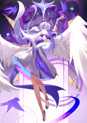 Rule 34 | 1girl, absurdres, angel wings, bare legs, bird, breasts, chinese commentary, closed mouth, collar, commentary request, detached collar, detached sleeves, dress, earrings, full body, gloves, green eyes, hair between eyes, hair intakes, halo, hand up, head wings, highres, honkai: star rail, honkai (series), jewelry, large breasts, large wings, looking to the side, purple collar, purple dress, purple sleeves, robin (honkai: star rail), solo, two-tone dress, white dress, white footwear, white gloves, white hair, wings