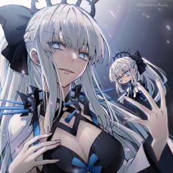 Rule 34 | 2girls, black bow, black dress, blue eyes, bow, braid, breasts, capelet, chibi, cleavage, dress, dual persona, fate/grand order, fate (series), french braid, grey hair, hair bow, highres, large breasts, long hair, long sleeves, looking at viewer, morgan le fay (fate), multiple girls, nekohanemocha, parted lips, ponytail, sidelocks, smile, tiara, two-tone dress, very long hair, white capelet, white dress, wide sleeves