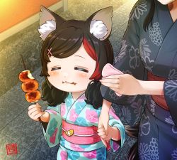 Rule 34 | 2girls, animal ear fluff, animal ears, black hair, black kimono, blue kimono, breasts, child, closed eyes, closed mouth, eating, flat chest, flower print, food, food on face, hair ornament, hairclip, handkerchief, highres, holding, holding hands, holding stick, hololive, hololive gamers, japanese clothes, kimono, kineko9218, long hair, medium breasts, multicolored hair, multiple girls, ookami mio, red hair, shadow, sidelocks, standing, stick, swept bangs, tile floor, tiles, two-tone hair, very long hair, virtual youtuber, wide sleeves, wolf ears, wolf girl, yukata