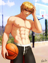 Rule 34 | 1boy, abs, ball, bara, basketball, basketball (object), basketball court, basketball hoop, blonde hair, esther shen, fatal fury, garou: mark of the wolves, hands on own head, large pectorals, looking at viewer, male focus, muscular, muscular male, pants, pectorals, red eyes, rock howard, short hair, solo, the king of fighters
