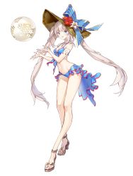Rule 34 | 1girl, :d, ball, beachball, bikini, blue bikini, blue eyes, bow, breasts, cleavage, collarbone, cowboy shot, fate/grand order, fate (series), flower, full body, hat, hat bow, hat flower, hibiscus, high heels, highres, jewelry, koshika rina, long hair, looking at viewer, marie antoinette (fate), marie antoinette (fate/grand order), marie antoinette (swimsuit caster) (fate), marie antoinette (swimsuit caster) (third ascension) (fate), medium breasts, necklace, open mouth, footwear flower, sidelocks, silver hair, simple background, smile, solo, stomach, sun hat, swimsuit, twintails, very long hair, white background