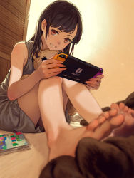 Rule 34 | 1girl, absurdres, animal crossing, asymmetrical bangs, bare shoulders, barefoot, blurry, brown eyes, brown hair, depth of field, feet, foreshortening, highres, holding, kusano shinta, leaning forward, long hair, looking at viewer, nintendo, nintendo switch, original, pointy ears, sitting, sleeveless, smile, soles, solo, stuffed animal, stuffed toy, teddy bear, toes