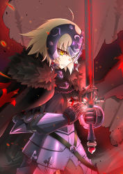 Rule 34 | 1girl, ahoge, armor, armored dress, black cape, blonde hair, cape, cowboy shot, fate/grand order, fate (series), gauntlets, highres, holding, holding sword, holding weapon, jeanne d&#039;arc (fate), jeanne d&#039;arc alter (avenger) (fate), jeanne d&#039;arc alter (fate), penguinking, short hair, solo, standing, sword, weapon, yellow eyes