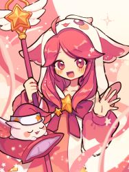 Rule 34 | 1girl, ahoge, animal hat, blurry, blurry foreground, blush, bow, collarbone, creature, eyes visible through hair, hat, holding, holding staff, league of legends, long hair, lux (league of legends), megusurisup, open mouth, pajama guardian lux, pajamas, pillow, pink eyes, pink hair, pink ribbon, red bow, red headwear, ribbon, shooting star, sleeping, smile, sparkle, staff, star (sky), star (symbol), star guardian (league of legends), star guardian lux, tongue, waving, white headwear