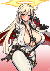 Rule 34 | 1girl, belt, belt buckle, black gloves, black lanyard, bodysuit, breasts, buckle, candy, center opening, cleavage, closed mouth, clothing cutout, collarbone, collared jacket, colored inner hair, spiked halo, covered erect nipples, curvy, food, front slit, gloves, guilty gear, guilty gear xrd, hair between eyes, halo, highres, jack-o&#039; valentine, jacket, jewelry, jumpsuit, lanyard, large breasts, lollipop, long hair, long sleeves, looking at viewer, multicolored hair, nikuatsu magician shinbo, no bra, pendant, pointy breasts, red eyes, red hair, shirt, shoulder belt, sideboob, signature, simple background, skin tight, smile, solo, standing, straitjacket, studded belt, too many, too many belts, two-tone hair, very long hair, white background, white bodysuit, white hair, white jumpsuit