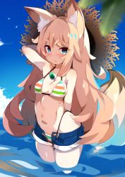 Rule 34 | 1girl, animal ear fluff, animal ears, arm behind back, arm behind head, arm up, bikini, bikini under clothes, blonde hair, blue eyes, blush, breasts, cleavage, cloud, covered erect nipples, fox ears, fox girl, fox tail, hat, highleg, highleg bikini, highres, long hair, navel, no shirt, open clothes, open fly, open shorts, original, outdoors, short sleeves, shorts, sky, small breasts, solo, striped bikini, striped clothes, sun hat, swimsuit, tail, thighs, unbuttoned, unzipped, very long hair, wading, water, zamudelin