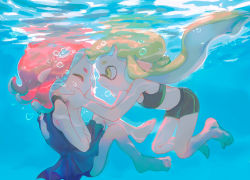 Rule 34 | 2girls, agent 3 (splatoon), agent 8 (splatoon), barefoot, bikini, bikini shorts, closed eyes, green hair, hands on another&#039;s face, highres, inkling, inkling girl, inkling player character, multiple girls, nintendo, octoling, octoling girl, octoling player character, one-piece swimsuit, pink hair, pointy ears, shorts, splatoon (series), sports bikini, squidbeak splatoon, suaiocin, swimsuit, tentacle hair, toes, underwater, yuri