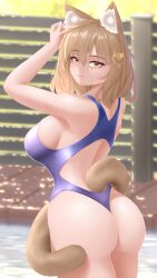 Rule 34 | 1girl, absurdres, animal ear fluff, animal ears, anis (nikke), ass, blonde hair, breasts, cat ears, cat girl, cat tail, fence, goddess of victory: nikke, hair ornament, highres, kemonomimi mode, looking at viewer, looking over shoulder, one-piece swimsuit, pool, poolside, raised eyebrows, short hair, sideboob, smile, swimsuit, tail, takie arts