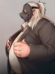 Rule 34 | 1boy, alternate costume, alternate hairstyle, bad id, bad twitter id, black jacket, black nails, collared shirt, dress shirt, fat, fat man, fingernails, from side, gas mask, grey background, grey shirt, hair down, hair ornament, hair tie, high ponytail, jacket, long hair, long sleeves, male focus, mask, nail polish, overwatch, overwatch 1, roadhog (overwatch), shirt, short ponytail, simple background, solo, wing collar