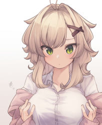 Rule 34 | 1girl, antenna hair, blush, breast lift, breasts, brown background, brown cardigan, brown hair, cardigan, closed mouth, collared shirt, commentary request, dress shirt, gradient background, green eyes, hair flaps, hair intakes, hair ornament, hairclip, large breasts, lifted by self, long sleeves, natsuki teru, nekomiya ryuu, off shoulder, open cardigan, open clothes, original, shirt, sleeves past wrists, solo, sweat, upper body, white background, white shirt