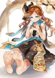 Rule 34 | 10s, 1girl, aqua eyes, barefoot, breasts, brown hair, cleavage, feet, finger to mouth, granblue fantasy, hair ribbon, himuro shunsuke, long hair, looking at viewer, pinky to mouth, ribbon, sara (granblue fantasy), sitting, smile, soles, solo, toes