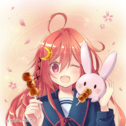 Rule 34 | 10s, 1girl, ;d, ahoge, animal, animal on shoulder, rabbit, crescent, crescent hair ornament, dango, fang, food, food in mouth, hair ornament, hair ribbon, holding, holding food, kantai collection, long hair, looking at viewer, one eye closed, open mouth, personification, petals, red eyes, red hair, ribbon, school uniform, serafuku, serino itsuki, skewer, smile, solo, twitter username, uzuki (kancolle), wagashi, white s, wink