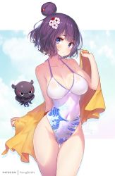 Rule 34 | 1girl, 1other, alternate costume, artist name, bare shoulders, blue sky, blush, breasts, casual one-piece swimsuit, closed mouth, cloud, collarbone, commentary request, covered navel, cowboy shot, fate/grand order, fate (series), flower, gluteal fold, groin, hair between eyes, hair bun, hair flower, hair ornament, hairpin, halterneck, highleg, highleg swimsuit, holding, hong (white spider), katsushika hokusai (fate), large breasts, looking at viewer, octopus, one-piece swimsuit, purple eyes, purple hair, see-through silhouette, short hair, single hair bun, skindentation, sky, standing, swimsuit, thighs, tokitarou (fate), towel, water drop, wave print, wet, white one-piece swimsuit