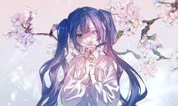Rule 34 | 1girl, blue eyes, blue hair, blurry, cherry blossoms, cherry tree, collared shirt, covered mouth, depth of field, flower, frilled shirt, frills, gradient background, hair between eyes, hatsune miku, highres, holding, holding flower, karanagare, long hair, long sleeves, looking at viewer, puffy long sleeves, puffy sleeves, shirt, twintails, upper body, very long hair, vocaloid, white shirt