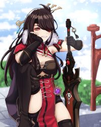 Rule 34 | 1girl, absurdres, beidou (genshin impact), black gloves, blue sky, breasts, brown hair, chinese clothes, claymore (sword), cleavage, cloud, eyepatch, fingerless gloves, genshin impact, gloves, greatsword, grin, hair ornament, hair over one eye, hair stick, hairpin, hand on own cheek, hand on own face, highres, holding, holding sword, holding weapon, large breasts, leg up, long hair, ninochuu, one eye covered, outdoors, pelvic curtain, colored eyepatch, red eyes, sitting, sky, smile, solo, sword, thighhighs, weapon