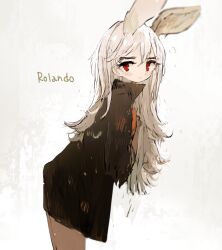 Rule 34 | 1girl, animal ears, artist name, bad id, bad pixiv id, black coat, closed mouth, coat, english text, leaning, long hair, looking at viewer, original, qtonagi, rabbit ears, red eyes, simple background, solo, standing, white hair