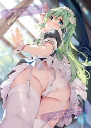 Rule 34 | 1girl, ass, blue eyes, blush, curtains, day, dress, dutch angle, fingernails, frog hair ornament, garter straps, grey hair, hair ornament, highres, holding, indoors, kochiya sanae, long hair, looking at viewer, looking back, looking down, maid, maid headdress, miyase mahiro, panties, parted lips, short sleeves, simple background, snake hair ornament, solo, thighhighs, thighs, touhou, underwear, white panties, wrist cuffs