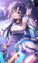 Rule 34 | 1girl, absurdres, armpits, blue archive, breasts, detached sleeves, hair between eyes, hair ornament, halo, highres, idol, indoors, li se, long hair, mischievous straight uniform (blue archive), open mouth, purple eyes, purple hair, skirt, small breasts, smile, stage, stage lights, standing, twintails, yuuka (blue archive)