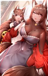 Rule 34 | 2girls, absurdres, aged down, amagi-chan (azur lane), amagi (azur lane), animal ears, azur lane, bodystocking, breasts, bridal gauntlets, brown hair, brown sash, brown tail, cleavage, fox ears, fox girl, fox tail, frilled kimono, frills, highres, japanese clothes, kimono, kitsune, kyuubi, large breasts, long hair, lying, multiple girls, multiple tails, off shoulder, purple eyes, rope, sakuramon, samip, shimenawa, tail, thick eyebrows, twintails