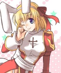 Rule 34 | 1girl, animal ears, blonde hair, blue eyes, blush, bow, closed mouth, commentary request, cowboy shot, cross, dress, fake animal ears, garter straps, hair bow, hairband, high priest (ragnarok online), juliet sleeves, long sleeves, looking at viewer, one eye closed, puffy sleeves, rabbit ears, ragnarok online, red bow, red dress, sakakura (sariri), sash, short hair, smile, solo, two-tone dress, white background, white bow, white dress, white hairband, white sash