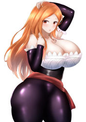 Rule 34 | 1girl, absurdres, adjusting hair, bare shoulders, blush, breasts, cleavage, collarbone, corset, cowboy shot, detached sleeves, dragon&#039;s crown, highres, huge breasts, leggings, long hair, long sleeves, mee don, orange eyes, parted bangs, parted lips, purple leggings, red hair, shiny clothes, simple background, solo, sorceress (dragon&#039;s crown), standing, white background