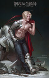 Rule 34 | 2boys, abs, ahoge, alphonse elric, armor, belt, black footwear, black pants, blonde hair, braid, brothers, chain, closed mouth, collarbone, commentary, copyright name, edward elric, english commentary, forehead, full body, fullmetal alchemist, gradient background, hand in pocket, highres, holding, in-hyuk lee, instagram username, long hair, looking at viewer, male focus, mechanical arms, mechanical legs, multiple boys, muscular, muscular male, navel, pants, pectoral cleavage, pectorals, photoshop (medium), serious, siblings, signature, single braid, single mechanical arm, single mechanical leg, taut clothes, taut pants, topless male, veins, watermark, web address