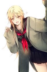 Rule 34 | 1girl, black serafuku, black shirt, black skirt, blonde hair, blouse, breasts, cardigan, clothes grab, cowboy shot, genderswap, genderswap (mtf), hand up, izumi kouhei, leaning to the side, long hair, long sleeves, looking at viewer, miniskirt, neckerchief, open cardigan, open clothes, open mouth, oversized clothes, pepper fever, pleated skirt, red neckerchief, school uniform, serafuku, shirt, skirt, skirt set, sleeve grab, sleeves past wrists, smile, solo, white background, world trigger, yellow eyes