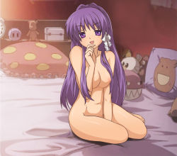 Rule 34 | 00s, 1girl, artist request, bed, blush, breasts, clannad, female focus, fujibayashi kyou, highres, indoors, large breasts, long hair, nipples, nude, open mouth, purple eyes, purple hair, smile, solo