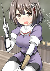 Rule 34 | 10s, 1girl, absurdres, ai ai gasa, belt, blush, breasts, brown eyes, brown hair, elbow gloves, gloves, haguro (kancolle), hair ornament, hairclip, highres, kantai collection, large breasts, looking at viewer, open mouth, pantyhose, pointer, ryuki (ryukisukune), short hair, skirt, solo, white gloves, white pantyhose