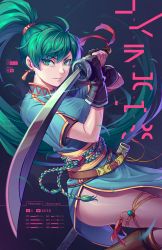 Rule 34 | 1girl, closed mouth, commentary, earrings, fingerless gloves, fire emblem, fire emblem: the blazing blade, gloves, green eyes, green hair, high ponytail, holding, holding sword, holding weapon, jewelry, kaijuicery, long hair, looking at viewer, lyn (fire emblem), nintendo, pelvic curtain, pointing, pointing at viewer, ponytail, sash, sheath, side slit, solo, stats, sword, thighs, weapon