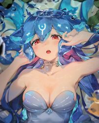 Rule 34 | 1girl, bao (vtuber), bao (vtuber) (1st costume), bare arms, bare shoulders, blue dress, blue hair, blurry, blurry foreground, blush, breasts, choker, cleavage, collarbone, commentary, dress, english commentary, fish, highres, indie virtual youtuber, kelp, large breasts, liquid hair, long hair, looking at viewer, lying, monosucre, on back, open mouth, red eyes, solo, strapless, strapless dress, teeth, tongue, underwear, upper teeth only, virtual youtuber
