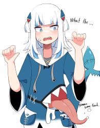 Rule 34 | 1girl, absurdres, animal costume, blue eyes, blue hair, blue hoodie, blunt bangs, breasts, fins, fish tail, gawr gura, gawr gura (1st costume), hair ornament, highres, hololive, hololive english, hood, hoodie, looking at viewer, medium hair, multicolored hair, shark costume, shark girl, shark hair ornament, shark tail, sharp teeth, sidelocks, simple background, skkazu1, small breasts, solo, streaked hair, tail, teeth, tongue, tongue out, two side up, virtual youtuber, white background