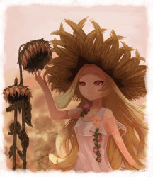Rule 34 | 1girl, arm up, artist name, bare shoulders, blonde hair, border, breasts, brown hat, closed mouth, collarbone, dress, esterielle (world flipper), female focus, flower, forehead, hat, highres, jpeg artifacts, long hair, official alternate costume, oko (shazz ocho), red eyes, red flower, see-through, sidelocks, signature, sleeveless, sleeveless dress, small breasts, solo, straw hat, sun hat, sunflower, white border, white dress, wilted flower, world flipper, yellow flower