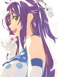 Rule 34 | 1girl, ahoge, bare shoulders, blue shirt, chiharu (9654784), commentary request, elbow gloves, flower, gloves, green eyes, hair ornament, highres, holding, holding flower, long hair, open mouth, original, portrait, profile, purple hair, shirt, sleeveless, sleeveless shirt, smile, solo, teeth, two-tone shirt, upper teeth only, white background, white gloves