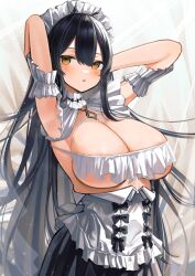 Rule 34 | 1girl, absurdres, areola slip, arm garter, armpits, arms up, azur lane, black hair, black skirt, blush, breasts, cleavage, collar, commentary, cowboy shot, detached collar, frilled collar, frilled garter, frills, hair between eyes, highres, indomitable (azur lane), indomitable (ms. motivationless maid) (azur lane), large breasts, long hair, looking at viewer, maid headdress, midorino (green-happy), official alternate costume, parted lips, sidelocks, skirt, solo, standing, steaming body, very long hair, yellow eyes