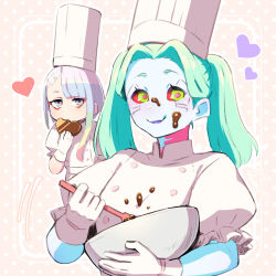 Rule 34 | 2girls, aqua hair, blonde hair, blue hair, bowl, chef, chef hat, chocolate, chocolate on clothes, chocolate on face, colored sclera, commentary request, cyberpunk (series), cyberpunk edgerunners, eyeshadow, food, food on face, gloves, green eyes, green hair, hat, heart, highres, holding, holding bowl, looking at viewer, lucy (cyberpunk), makeup, motion lines, multicolored hair, multiple girls, neck tattoo, polka dot, polka dot background, purple hair, purple lips, rebecca (cyberpunk), red eyeshadow, red hair, red pupils, red sclera, sawasa, short sleeves, smile, stirring, tattoo, twintails, valentine, white gloves, white hair