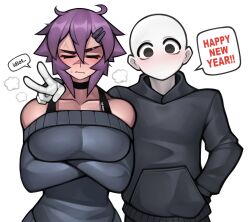 Rule 34 | 1boy, 1girl, absurdres, anger vein, arm around shoulder, bald, black choker, black hoodie, bra strap, breasts, choker, collarbone, commentary, crossed arms, english commentary, english text, eyebrow cut, grey sweater, hair between eyes, hair ornament, hairclip, hand in pocket, happy new year, highres, hood, hoodie, huge breasts, looking at viewer, maya (roadi3), new year, no mouth, off-shoulder sweater, off shoulder, original, purple hair, roadi3, scar, scar on face, scar on nose, short hair, speech bubble, sweatdrop, sweater, v, white background