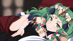 Rule 34 | 1boy, 1girl, black pants, blunt bangs, braid, commission, fire emblem, fire emblem: three houses, green eyes, green hair, grin, hand on another&#039;s crotch, hetero, highres, long hair, looking at viewer, nintendo, novcel, pants, pointy ears, pov, ribbon braid, side braids, smile, solo focus, sothis (fire emblem), tassel, tiara