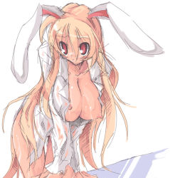 Rule 34 | 1girl, animal ears, bent over, blonde hair, bottomless, breasts, endou chihiro, female focus, hanging breasts, huge breasts, long hair, nipple slip, nipples, open clothes, open shirt, rabbit ears, red eyes, shirt, simple background, sketch, solo, thigh gap, thighs, very long hair, white background