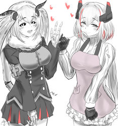 Rule 34 | 2girls, apron, armored gloves, arthropod girl, azur lane, black sclera, blush, breasts, colored sclera, commentary, cosplay, costume switch, crossover, english commentary, hair between eyes, headgear, heart, highres, insect girl, ladle, large breasts, long sleeves, looking at viewer, mashiro (solopipb), monster girl, moth girl, multicolored hair, multiple girls, nev (nevblindarts), original, pink apron, red hair, roon (azur lane), short hair, signature, skirt, smile, streaked hair, twitter username