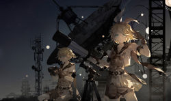Rule 34 | 1boy, 1girl, aqua eyes, bass clef, binoculars, black collar, blonde hair, bow, chinese commentary, collar, commentary, gears, gloves, hair bow, hair ornament, hairclip, highres, holding, holding binoculars, kagamine len, kagamine rin, looking at viewer, mechari, necktie, night, night sky, planet, sailor collar, satellite dish, scenery, shirt, short hair, short ponytail, short sleeves, shorts, sitting, sky, spiked hair, standing, star (sky), starry sky, swept bangs, telescope, tower, treble clef, vocaloid, white bow, white shirt