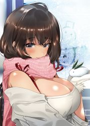 Rule 34 | 1girl, ahoge, arm at side, bare shoulders, blush, breasts, brown eyes, brown hair, cleavage, closed mouth, condensation, detached sleeves, enpera, eyebrows, eyelashes, fur-trimmed gloves, fur trim, gloves, grey gloves, grey shirt, hair between eyes, hand up, holding, indoors, large breasts, long hair, long sleeves, looking at viewer, original, pink scarf, red ribbon, ribbon, scarf, shiny skin, shirt, sleeveless, sleeveless shirt, smile, snow, snow rabbit, solo, upper body, window, winter, yanyo (ogino atsuki)